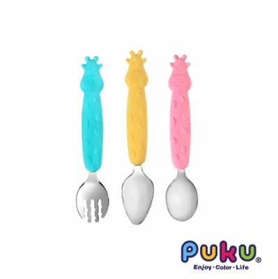 PUKU 長頸鹿不鏽鋼叉勺3入組(含收納盒)【多色可選】