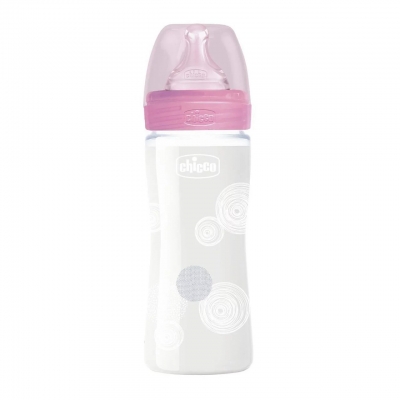 Chicco 舒適哺乳-防脹氣玻璃奶瓶 240ml(小單孔)-甜美女孩
