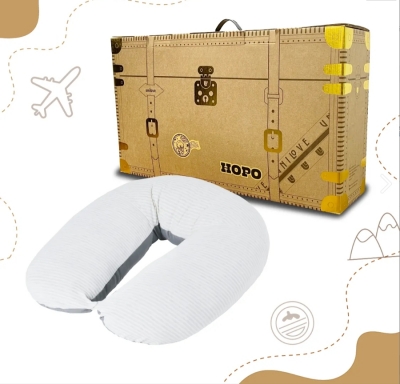 【unilove】 Hopo多功能孕哺枕-旅行箱禮盒組-有機綿系列條紋灰(枕套+枕芯)